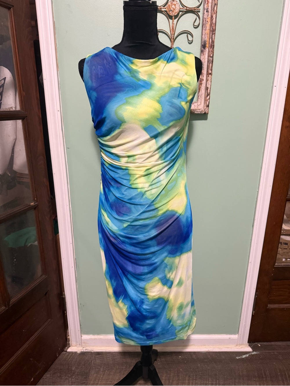 Calvin Klein tie dye Blue & Yellow mesh bodycon Sleeveless Dress